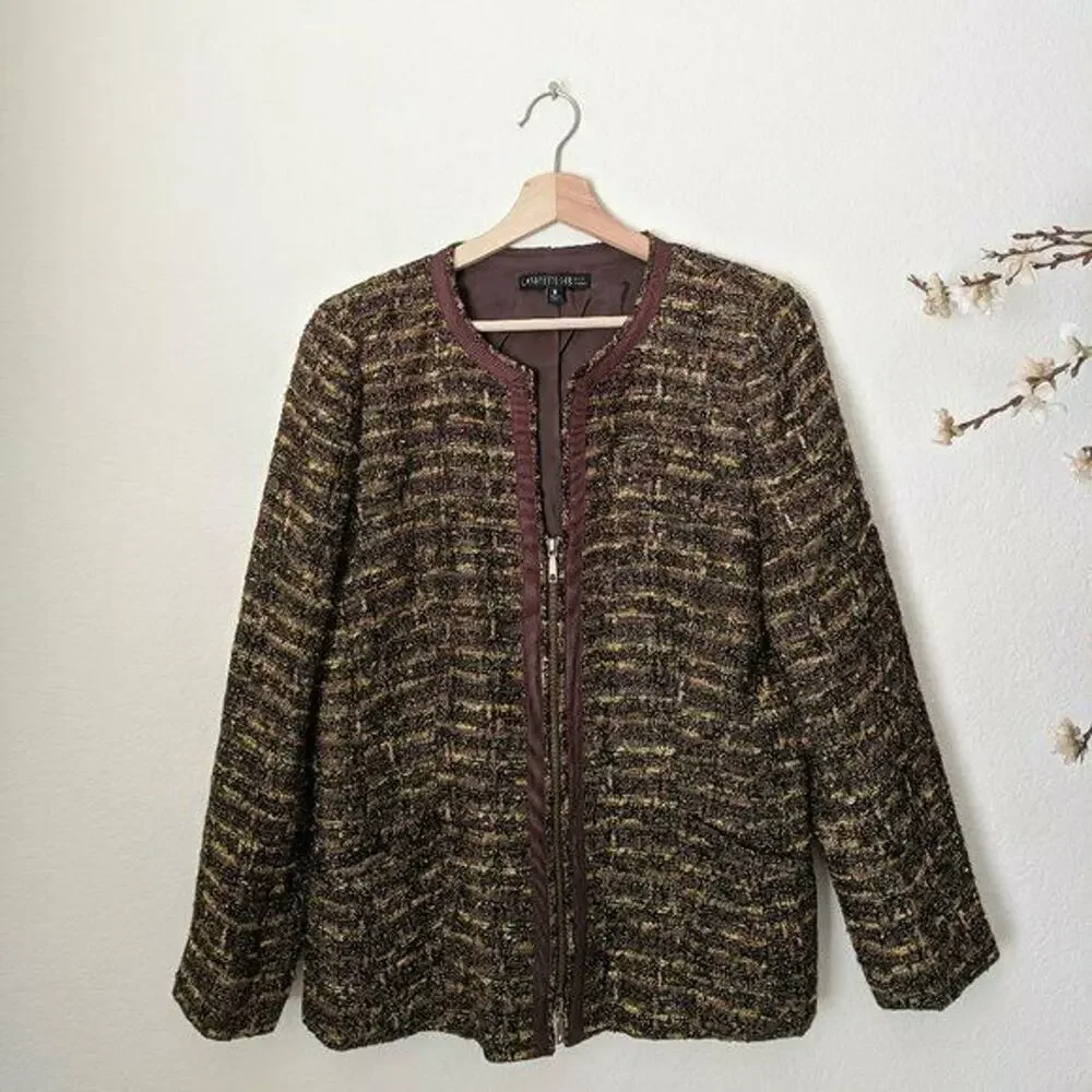 LAFAYETTE 148 NY Blazer Coat‎ Tweed Zip Up Blazer Jacket Brown Trim Women's 10